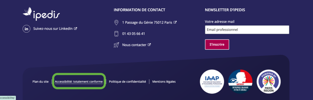 Impression écran du pied de page du site Ipedis avec la mention en exergue "Accessibilité : totalement conforme"